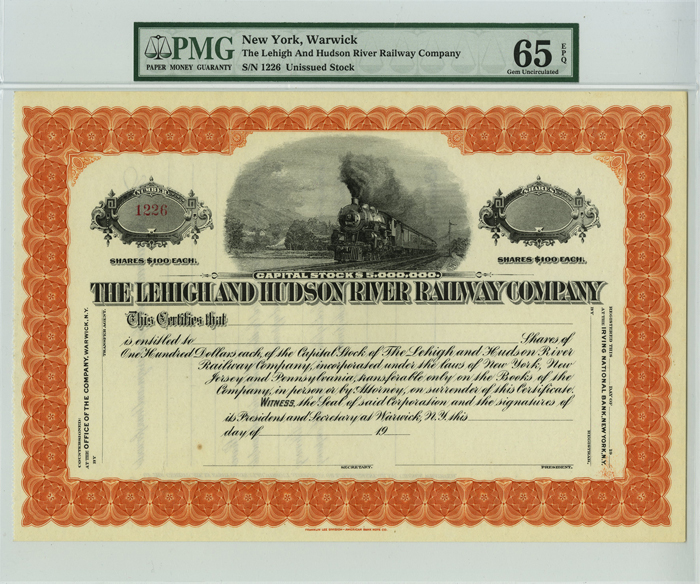 Lehigh and Hudson River Railway Co. - Stock Certificate